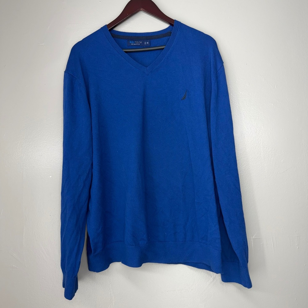 Nautica Navtech Mens V-Neck Sweater XXL Blue Long Sleeve Pullover Knit Logo